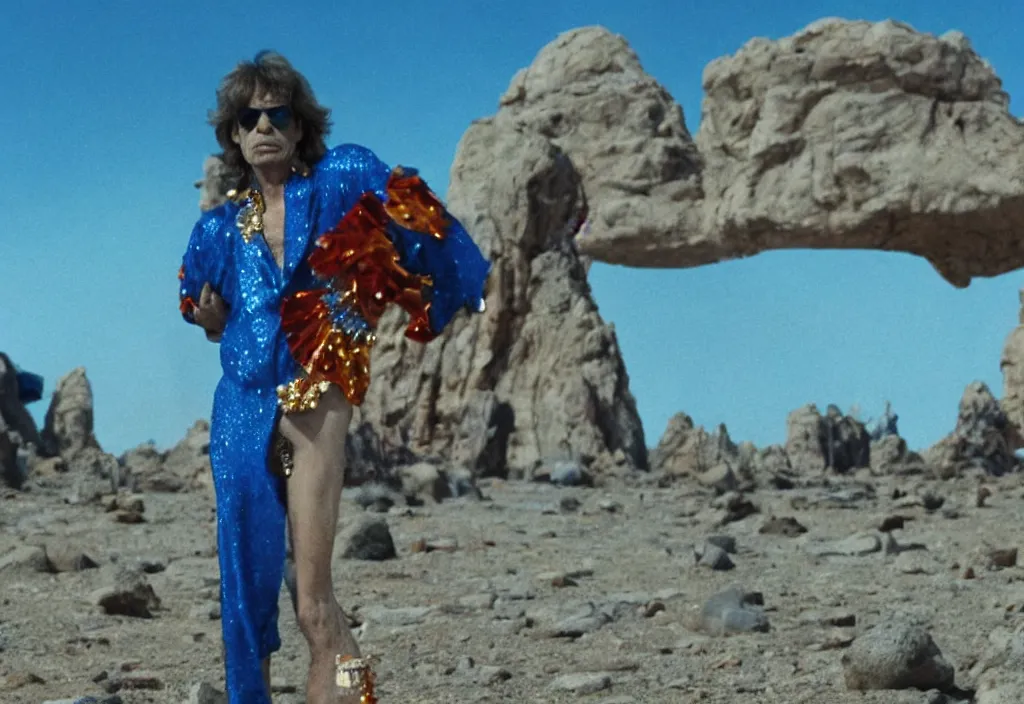 Image similar to mick jagger dressed in blue costume with many jewels in a dry rocky desert landscape, ultradetailed alien complex city and giant alien spaceship in the background, by christopher doyle and alejandro jodorowsky, anamorphic lens, kodakchrome, cinematic composition, masterpiece, 8 k