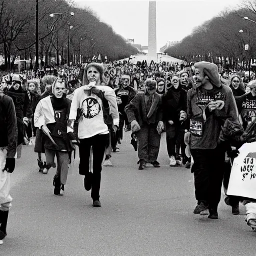 Prompt: A 1967 photograph of Billie Eilish leading an anti-war march in Washington DC