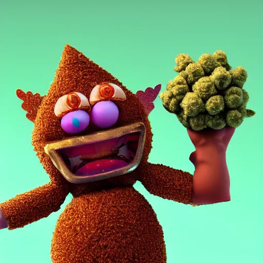 Prompt: a cinematic blender render of a cute marijuana nug character in candy edibles world