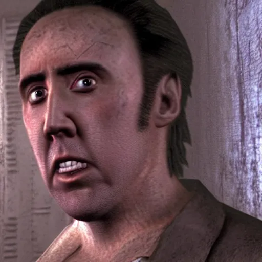 Prompt: nicolas cage hiding behind a corner in silent hill