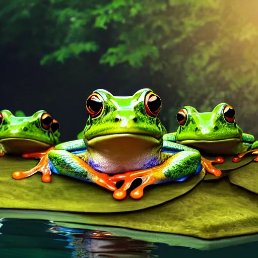 Prompt: a photorealistic frog king sitting on a throne, surrounded by frog servants next on the side of the pond