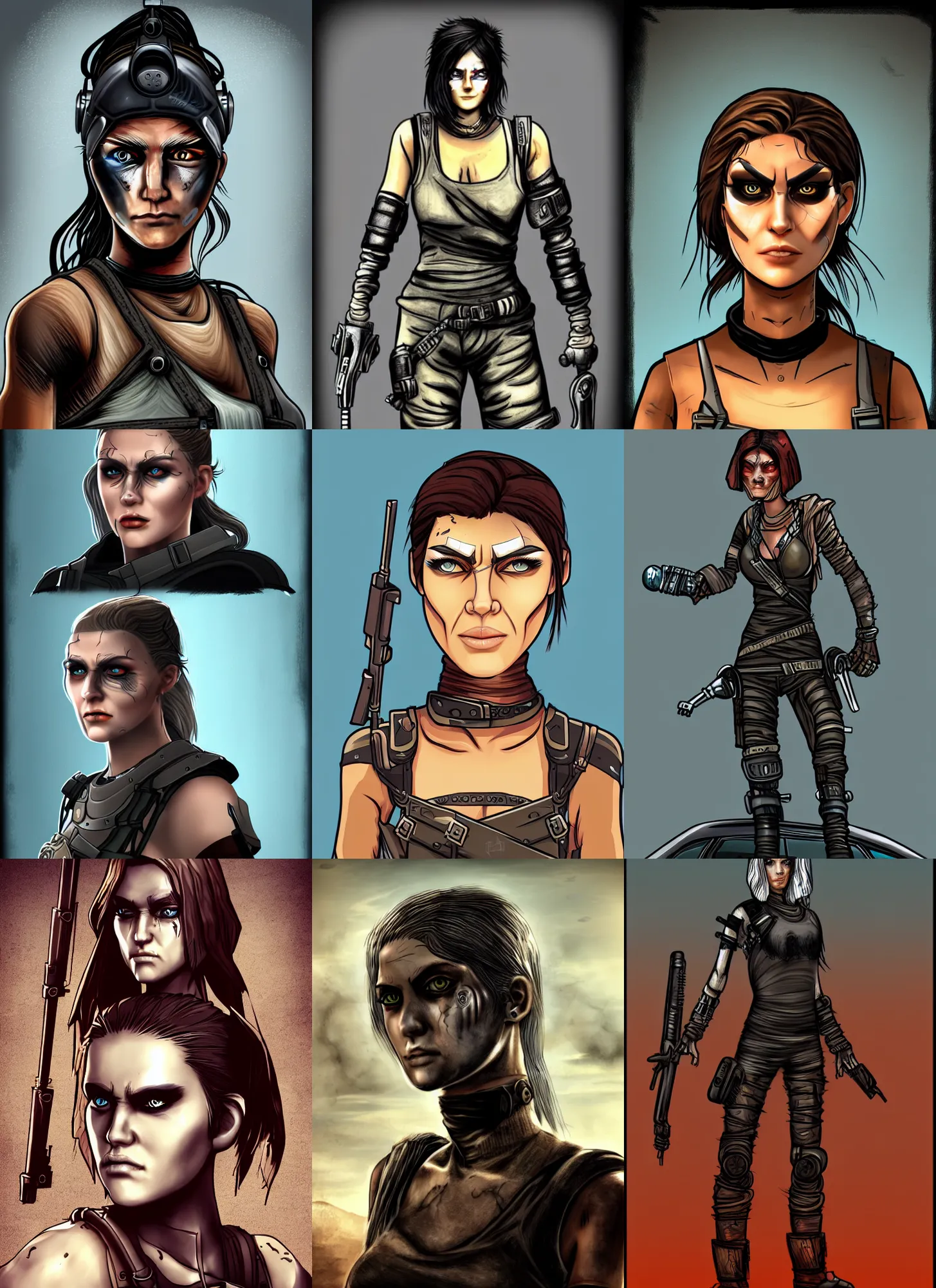 Prompt: boxart style of a female mad max with a beautiful face, in a dystopian world, full body concept