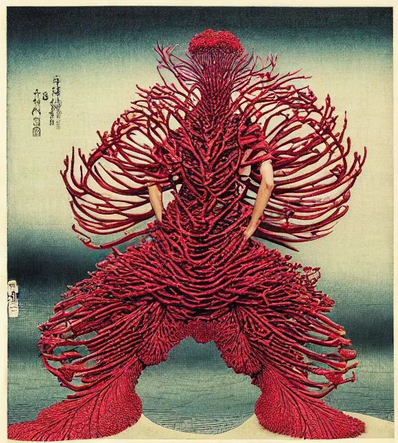 Prompt: still frame from Prometheus, gaia covered in crimson filament sowing in blosoming mycelium gardens, dressed by Neri Oxman and alexander mcqueen, metal couture haute couture editorial by utagawa kuniyoshi by giger