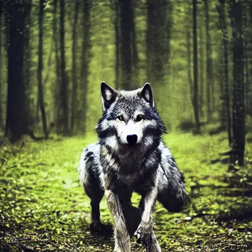 Image similar to werecreature consisting of a wolf and a human, photograph captured in a forest