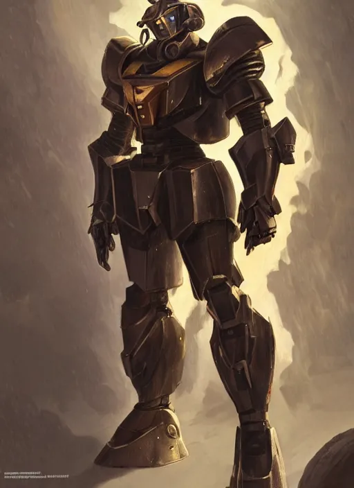 Image similar to medium-length portrait of a male paladin with short curly hair and a salt-and-pepper beard, dark brown skin, wears a suit of power armor, magitech!, gundam, medieval setting, highly detailed, digital painting, artstation, concept art, sharp focus, illustration, art by greg rutkowski and alphonse mucha