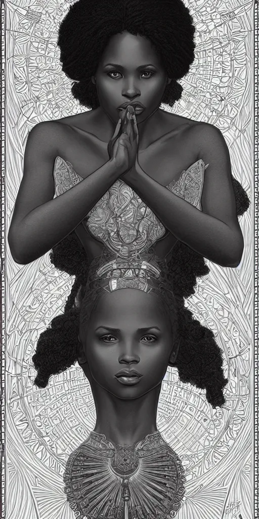 Prompt: black african princess, warm volumetric lighting, cosmic, symmetric, highly detailed, concept art, heavenly, intricate, sharp focus on the body, illustration, alexandros pyromallis, bouguereau, rutkowski, artgerm, alphonse mucha