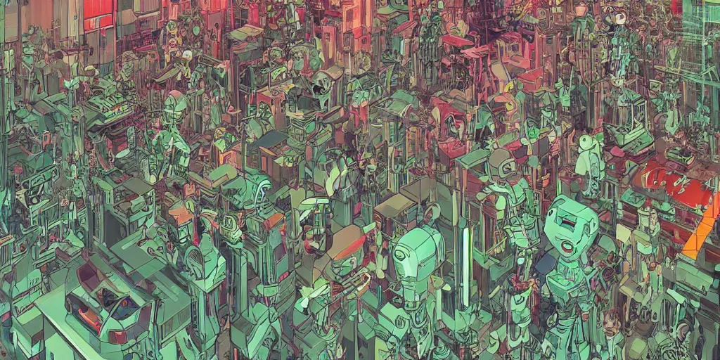 Prompt: gigantic robotic transparent robots with lasers with human faces catch tiny robots, a lot of exotic plants around, big human faces everywhere, helicopters and tremendous birds, risograph by satoshi kon and moebius, no text!, matte bright colors, surreal design, super - detailed, a lot of tiny details, fullshot