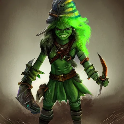 Prompt: cute tiny orc girl with green skin wearing hunter armor from Bloodborne and a wizard hat, d&d, Newgrounds