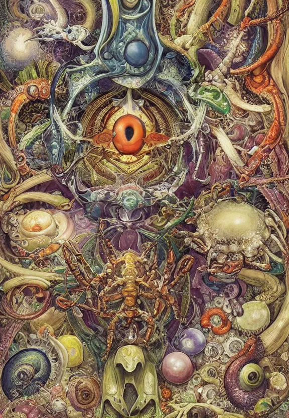 Image similar to simplicity, colorful muscular eldritch bodies and mollusks and crabs radiating around fractal, mandala white bones, colorful gems, brush pen, by h. r. giger and esao andrews and maria sibylla merian eugene delacroix, gustave dore, thomas moran, pop art, chiaroscuro, biopunk, art nouveau