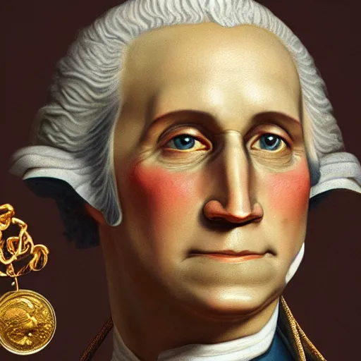 Image similar to a closeup photorealistic illustration of a happy George Washington holding wearing a chain around his neck with a small gold Doubloon coin as a necklace. This 4K HD image is Trending on Artstation, featured on Behance, well-rendered, extra crisp, features intricate detail and the style of Unreal Engine.