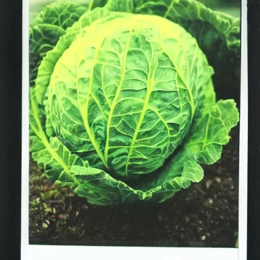 Prompt: polaroid photo of a prizewinning cabbage bigger than a house. 4 k hd detailed