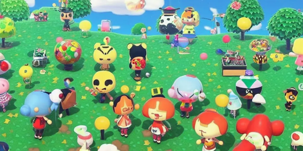 Image similar to Katamari Damacy rolling up an Animal Crossing island