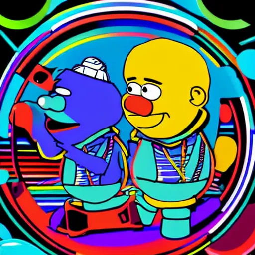 Image similar to svg sticker of a Pop-Wonder Bert&Ernie, Sesame-Street, at a rave, spinning records, giant headphones rocking out, wearing headphones, huge speakers, dancing, rave, DJ, spinning records, digital art, amazing composition, rule-of-thirds, award-winning, trending on artstation, featured on deviantart