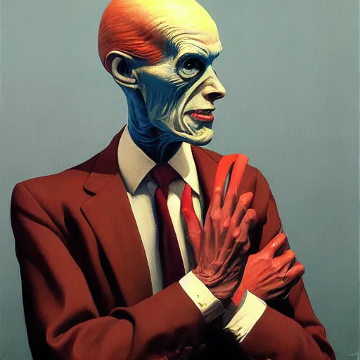 Image similar to Portrait of Dr. Nobody wearing a business suit , very coherent, painted by Edward Hopper, Wayne Barlowe, painted by James Gilleard, airbrush, art by JamesJean