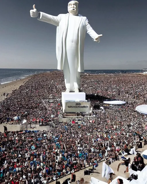 Image similar to a gigantic 1000 foot tall white marble statue of president Donald trump giving his thumbs up sign, dwarfs thousands of onlookers on a beach, as a fleet of Silver Flying saucers watch from above, cinematic