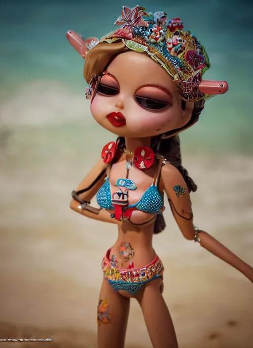 Prompt: closeup profile portrait of tin toy bikini girl beach, depth of field, zeiss lens, detailed, symmetrical, centered, fashion photoshoot, by nicoletta ceccoli, mark ryden, lostfish, breathtaking, 8 k resolution, extremely detailed, beautiful, establishing shot, artistic, hyperrealistic, octane render