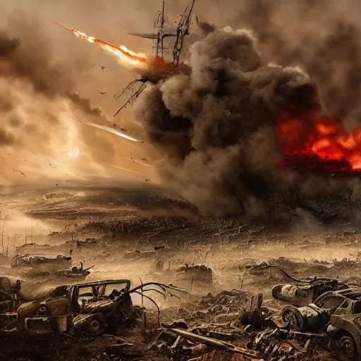 Prompt: hyper realism, realistic apocalyptic war scene