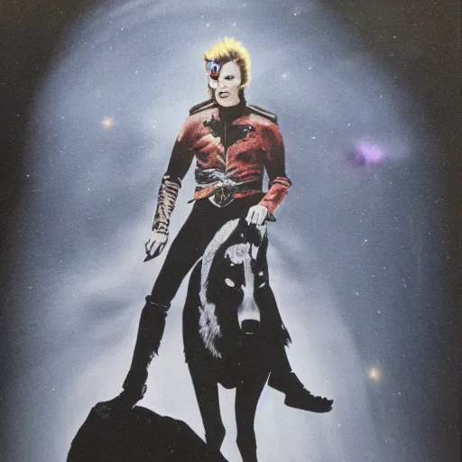 Image similar to david bowie riding a wolf over a rock, dark lighting