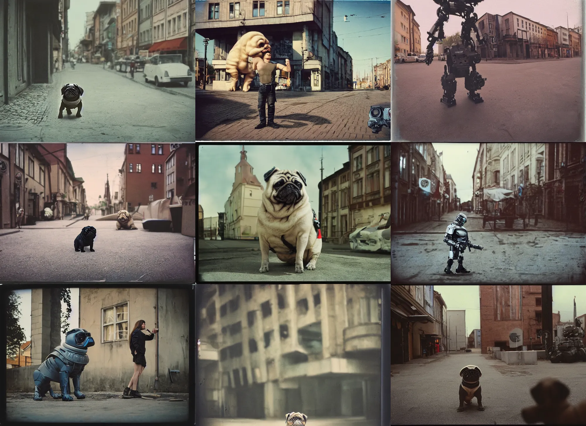 Prompt: oversized cyborg terminator pug, in legnica, noon, cinematic focus, polaroid photo, vintage, neutral dull colors, soft lights,, by gregory crewdson