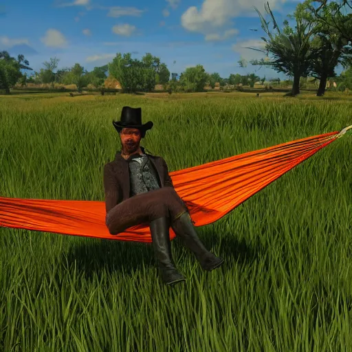 Image similar to Dutch from Red Dead Redemption 2 sleeping in a hammock, a field of mango trees in the background