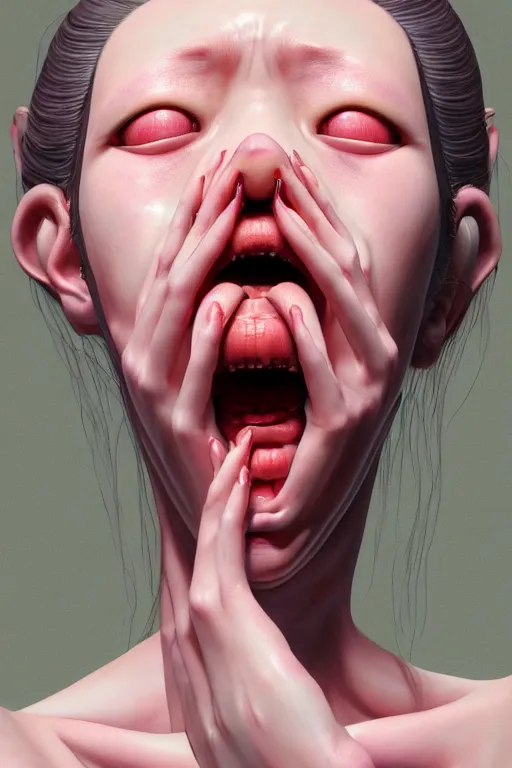 Prompt: hyperrealistic photography of a gorgeous girl staring at her hands and screaming in the style of jin kagetsu, james jean, chris cunninham, hans bellmer and wlop, highly detailed, face symmetry, masterpiece, award - winning, sharp focus, intricate concept art, ambient lighting, 8 k, artstation