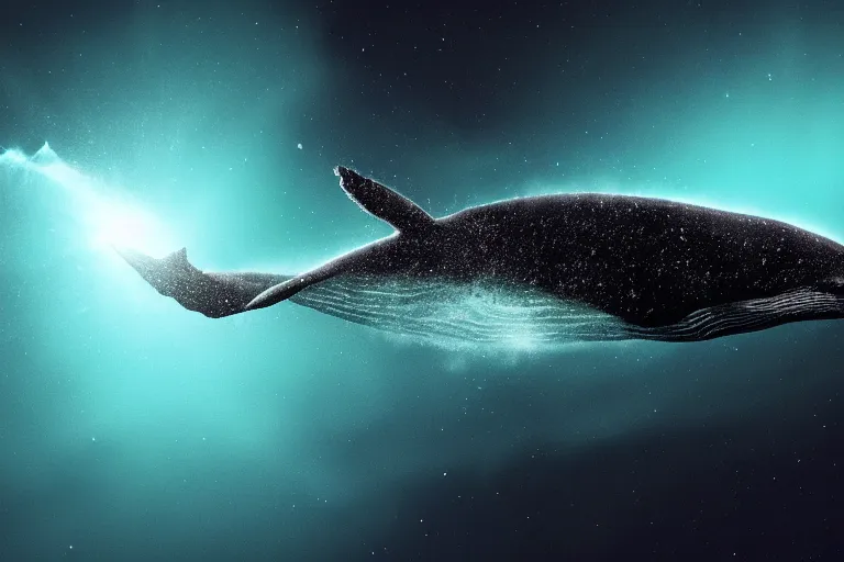 Image similar to a bioluminescent humpback whale swimming through the cosmos, digital art, photorealistic