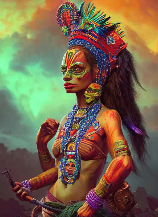 Prompt: aztec pepe goddess, vivid colors, war of colorss, dark shadows, contrast, concept art, sharp focus, digital art, Hyper-realistic, 4K, Unreal Engine, Highly Detailed, Dramatic Lighting, Beautiful, by Brom, bastien lecouffe-deharme