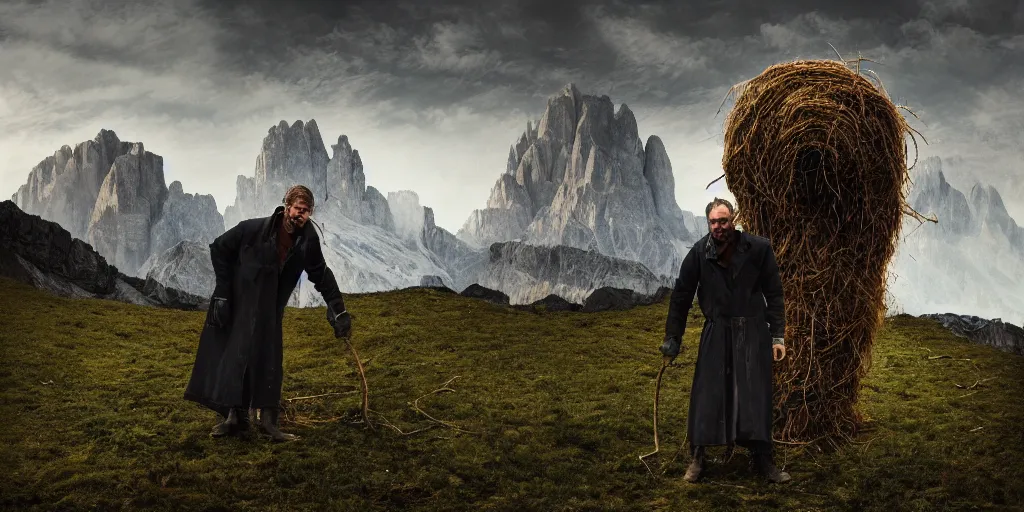 Image similar to alpine farmer transforming into a monster ,roots and hay coat, dolomites in background, dark, eerie, despair, portrait photography, artstation, digital art, concept art, artstation, highly detailed, sharp focus, by caravaggio