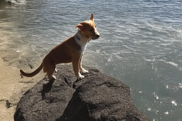 Image similar to a puppy is looking directly at the extreme water current below while it stands at an edge of a cliff