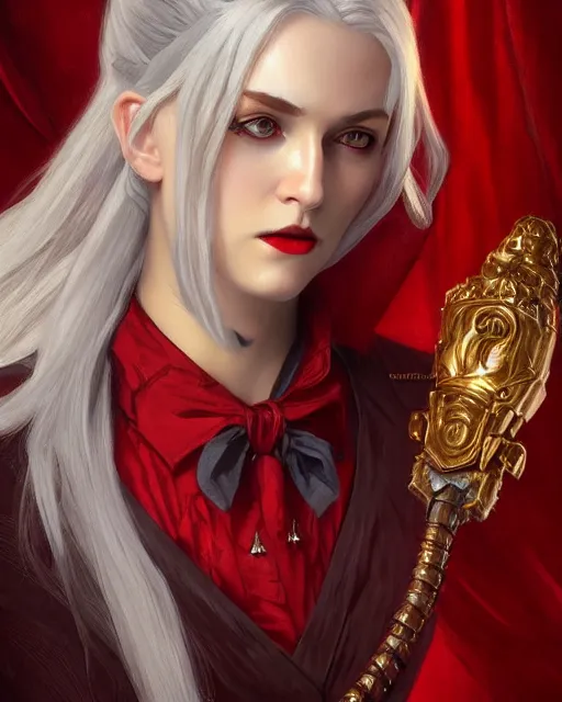 Image similar to female queen vampire, perfect face, gold waistcoat, red shirt, long grey hair, red necktie, cinematic, stunning, highly detailed, digital painting, artstation, smooth, hard focus, illustration, art by artgerm and greg rutkowski and alphonse mucha