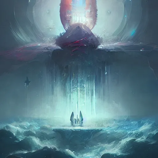 Prompt: gods of the deep, throne worlds, ascendent plane, art by Tom Bagshaw and ismail inceoglu