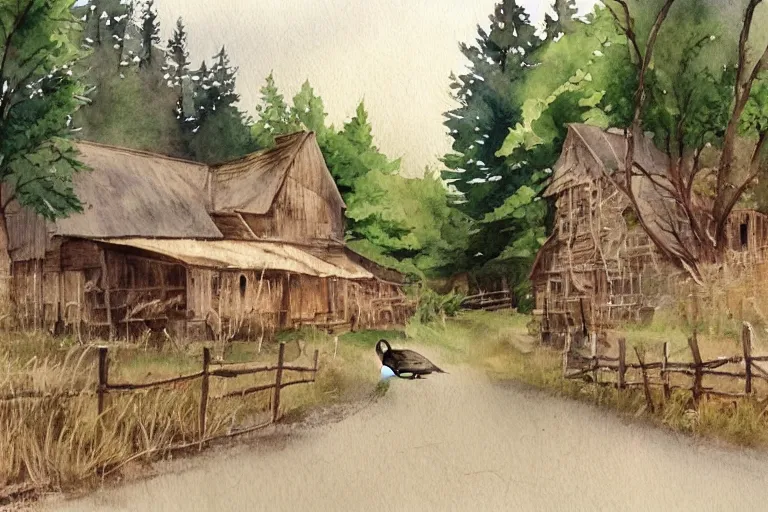 Image similar to country road store goose watercolor trending on artstation