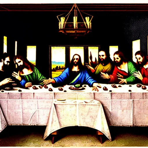 Image similar to the vampires from the show What we do in the shadows in the painting of the last supper by Leonard Da Vinci , photograph, ultrarealistic