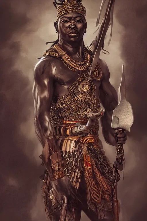 Image similar to ogun and his knives, African warrior deity, ancestral hunter God, masculine and menacing, cinematic mid portrait , digital illustration, octane render trending on arstation by artgerm, raphaelite and mucha