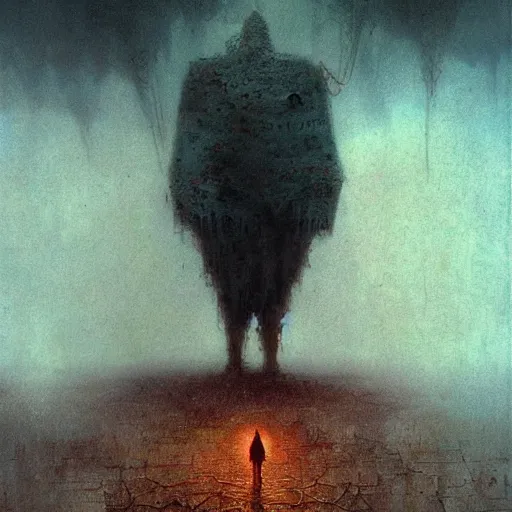 Prompt: a trapped giant talking to miniscule human, by greg rutkowski + beksinski, atmospheric, cinematic, dramatic colors, horror