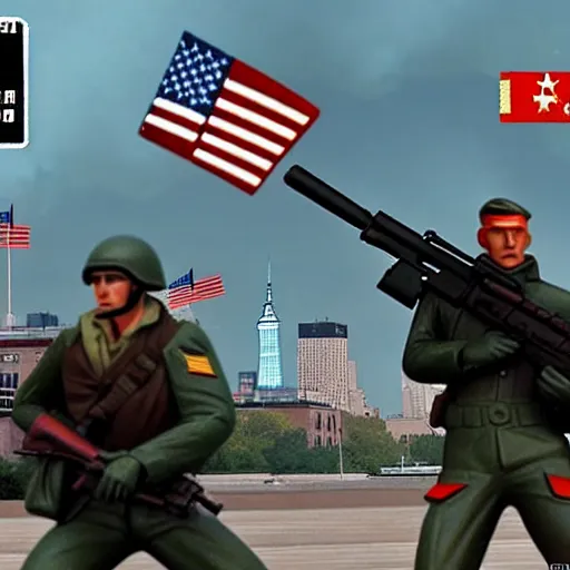 Image similar to The war between the Soviet Union and America, the action takes place in New York, far away against the background of the Statue of Liberty, a lot of soldiers and military equipment, a lot of explosions and tracer bullets, a lot of ruins, a very epic battle, The style of photography of the 80s