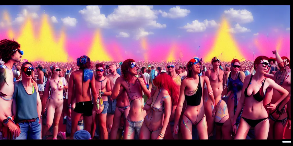 Image similar to Photorealistic people at woodstock 99 by KDA and Sam Yang, trending on artstation