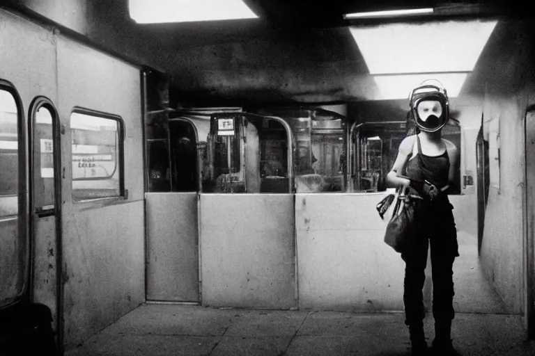 Prompt: portrait, girl in welding masks in subway, ominous lighting, by richard avedon, tri - x pan stock