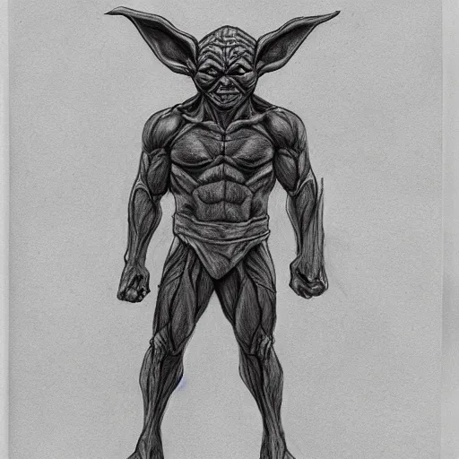 Image similar to full body black and white pencil sketch of a muscular Yoda