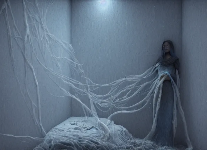 Prompt: rgb, a frozen woman, bedroom full of ice, sadness, cinematic, movie scene, inspired by zdzislaw beksinski, clothes made out of veins,, cables everywhere, bedroom, ultra realistic, concept art, intricate details, highly detailed, photorealistic, octane render, 8 k