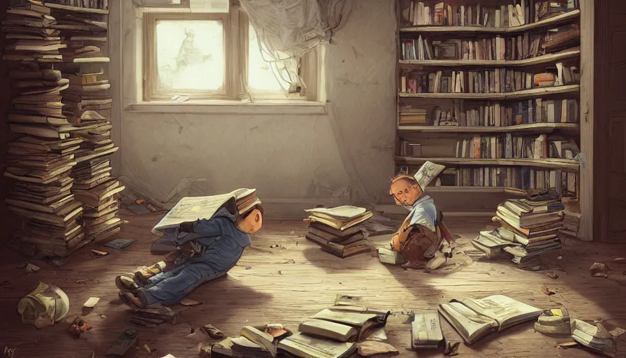 Prompt: Kid reading books sir on the floor of an abandoned attic with an old shelf of books, cobwebs and dust, hyperdetailed, artstation, cgsociety, 8k