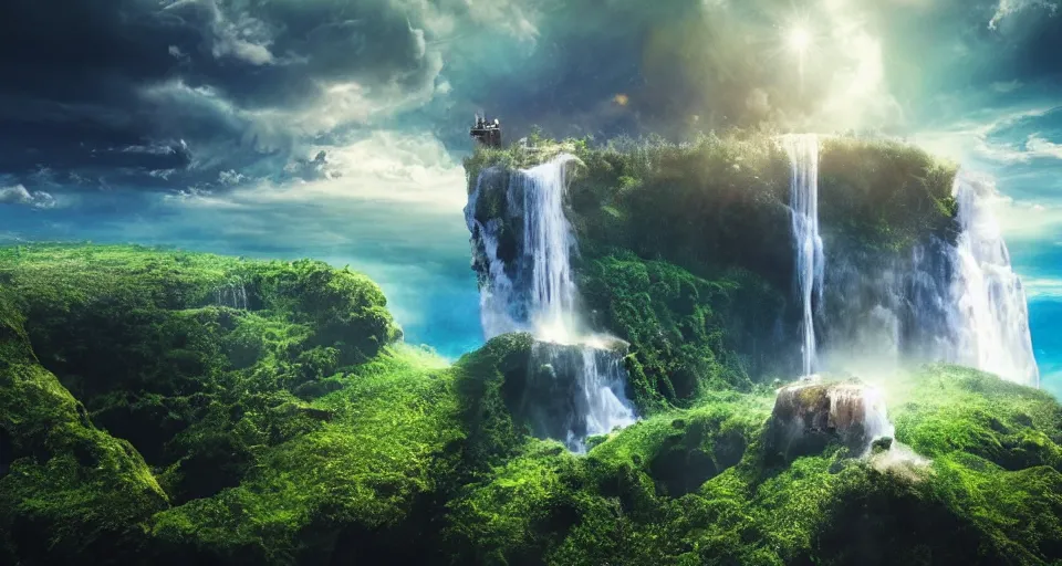 Image similar to A magnificent floating island in the sky above the sea, defying gravity, waterfall falling down, epic lighting, epic composition, cinematic, highly detailed, 4k