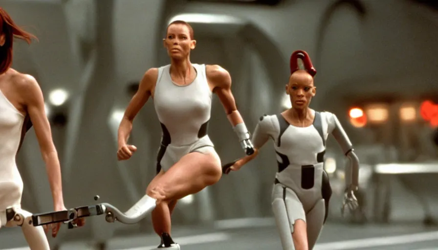 Image similar to The matrix, LeeLoo, Starship Troopers, Olivia Pope, 1960's Olympics footage, hurdlers in a race with robotic legs, intense moment, cinematic stillframe, backlit, The fifth element, vintage robotics, formula 1, starring Geena Davis, clean lighting