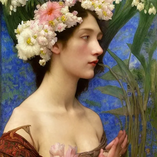 Prompt: princess of flowers, by annie swynnerton and charlie bowater and diego rivera and william - adolphe bouguereau, nicholas roerich and jean delville and evelyn de morgan, dramatic lighting, brocade robes, elaborate floral ornament, rich colors, smooth sharp focus, extremely detailed, donato giancola, adolf wolfli