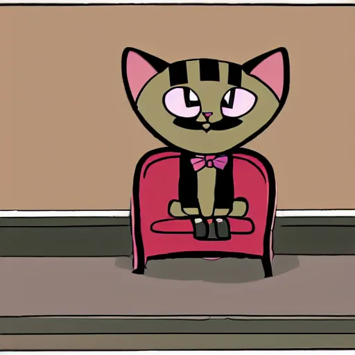 Prompt: cartoon anthropomorphic cat male tabby, wearing a pink tux, sitting with hands folded on a chair with a smirk on his face.