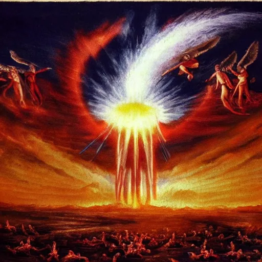 Prompt: angels launching a nuclear attack on hell