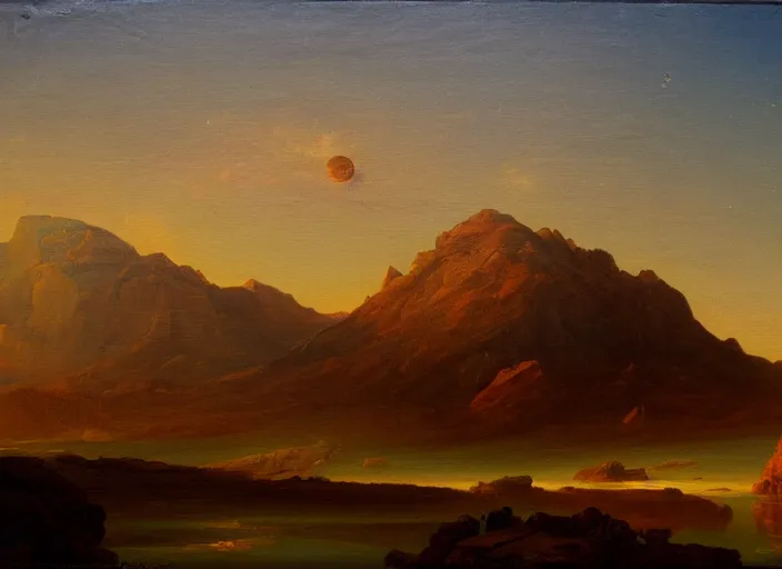 Prompt: mount olympus, mars in the style of hudson river school of art, oil on canvas