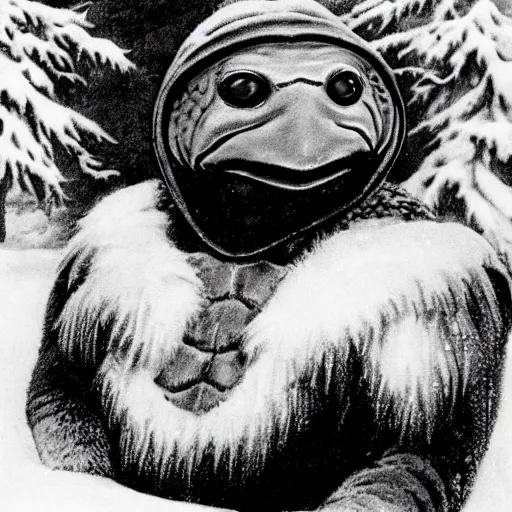 Image similar to anthropomorphic turtle humanoid in the snow wearing furs by frank frazetta