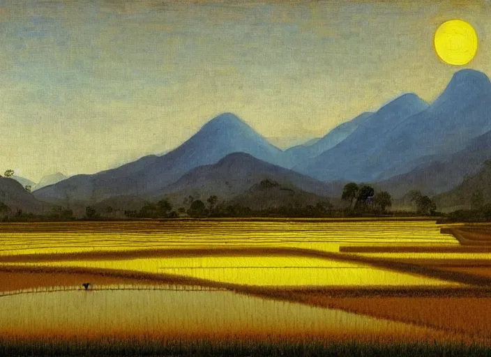 Image similar to painting of a rice paddy with two big mountains in the background, a wide asphalt road!!!! divides paddy field in the middle composition, big yellow sun rising between 2 mountains, oil painting by old master masterpiece