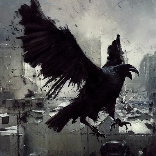 Image similar to ravens attacking, by jeremy mann.